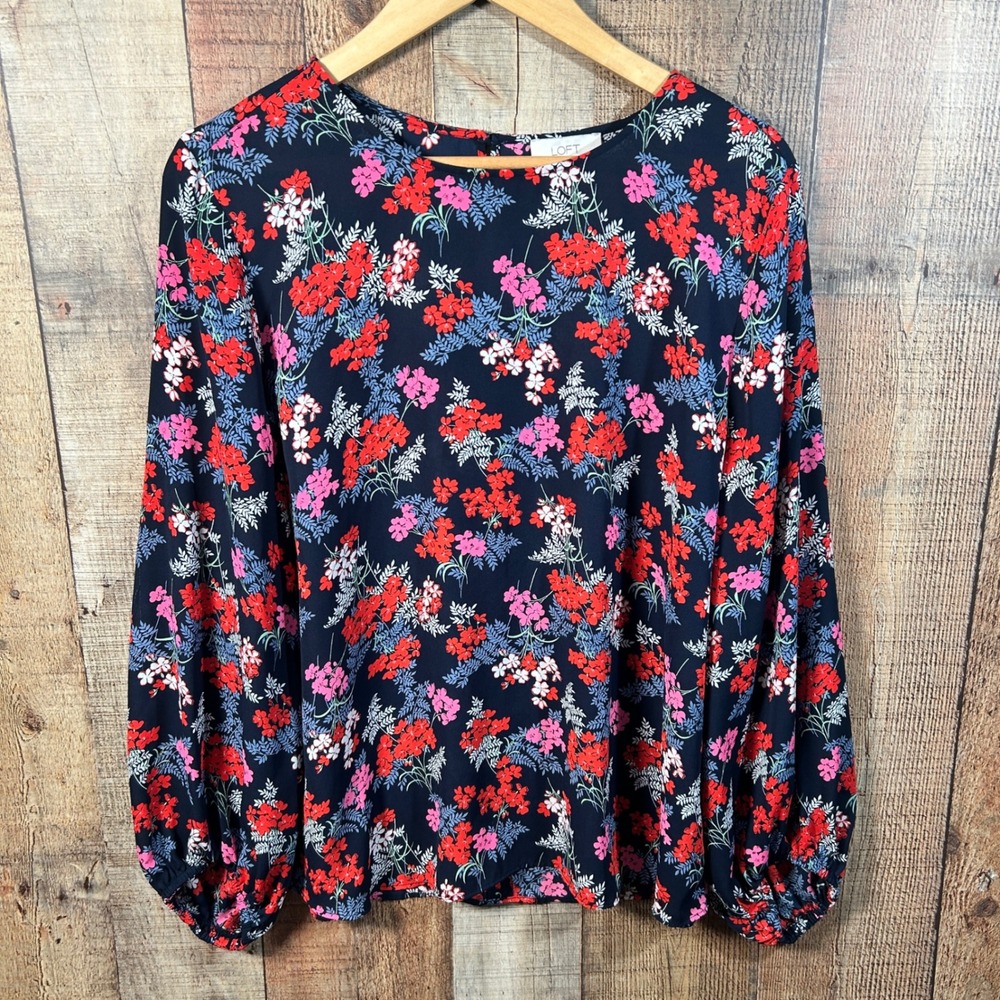 LOFT Outlet Navy Floral Semi Sheer Balloon Sleeve Keyhole Back Boho Blouse Large